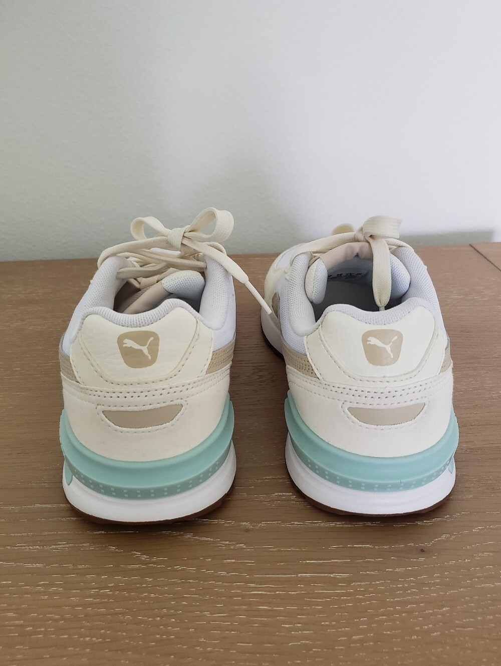 Women's Puma Cream White Sneakers with Tan Formstrip and Aqua Heel - Picture 3 of 9